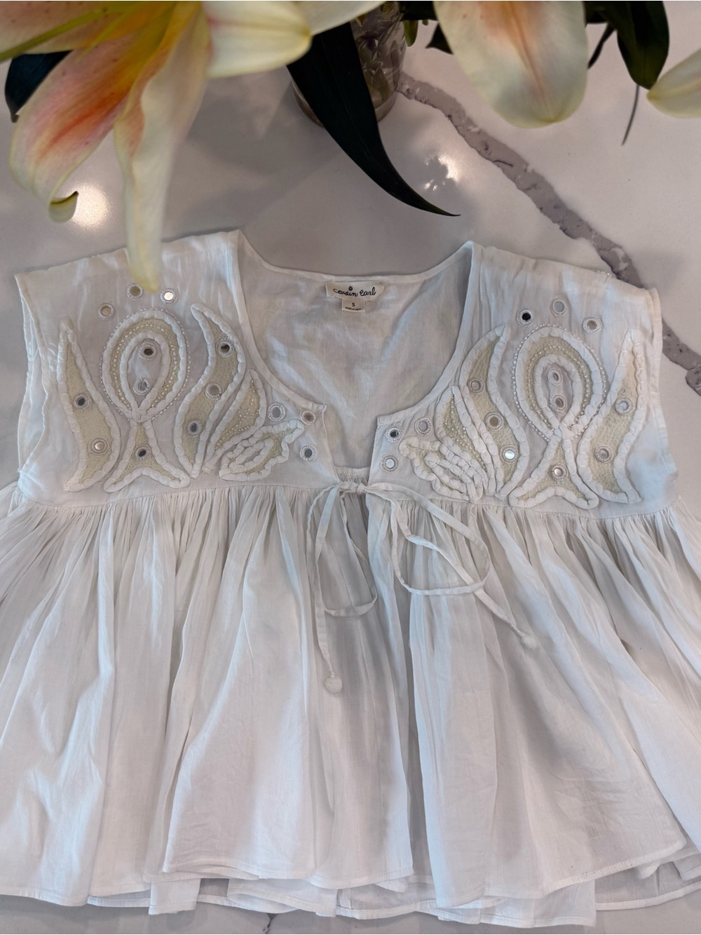 Embroidered White Cotton Top with Small Mirror Embelishment